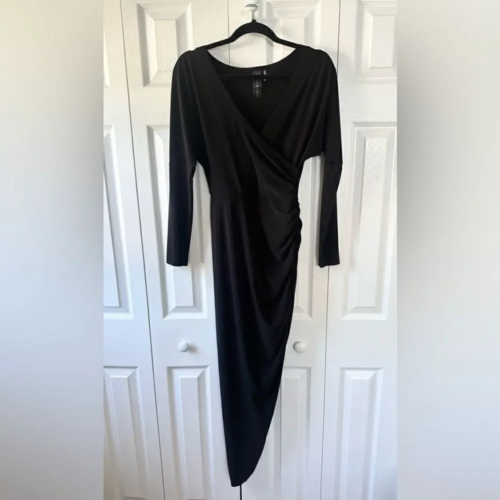 NEW Norma Kamali Tara Black Long Sleeve Dress Deep V Ruched Midi Dress - Picture 7 of 10